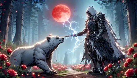 male knight with a white hood with bear ears with sword behind his back sits towards a polar bear in a forest while the moon shi...