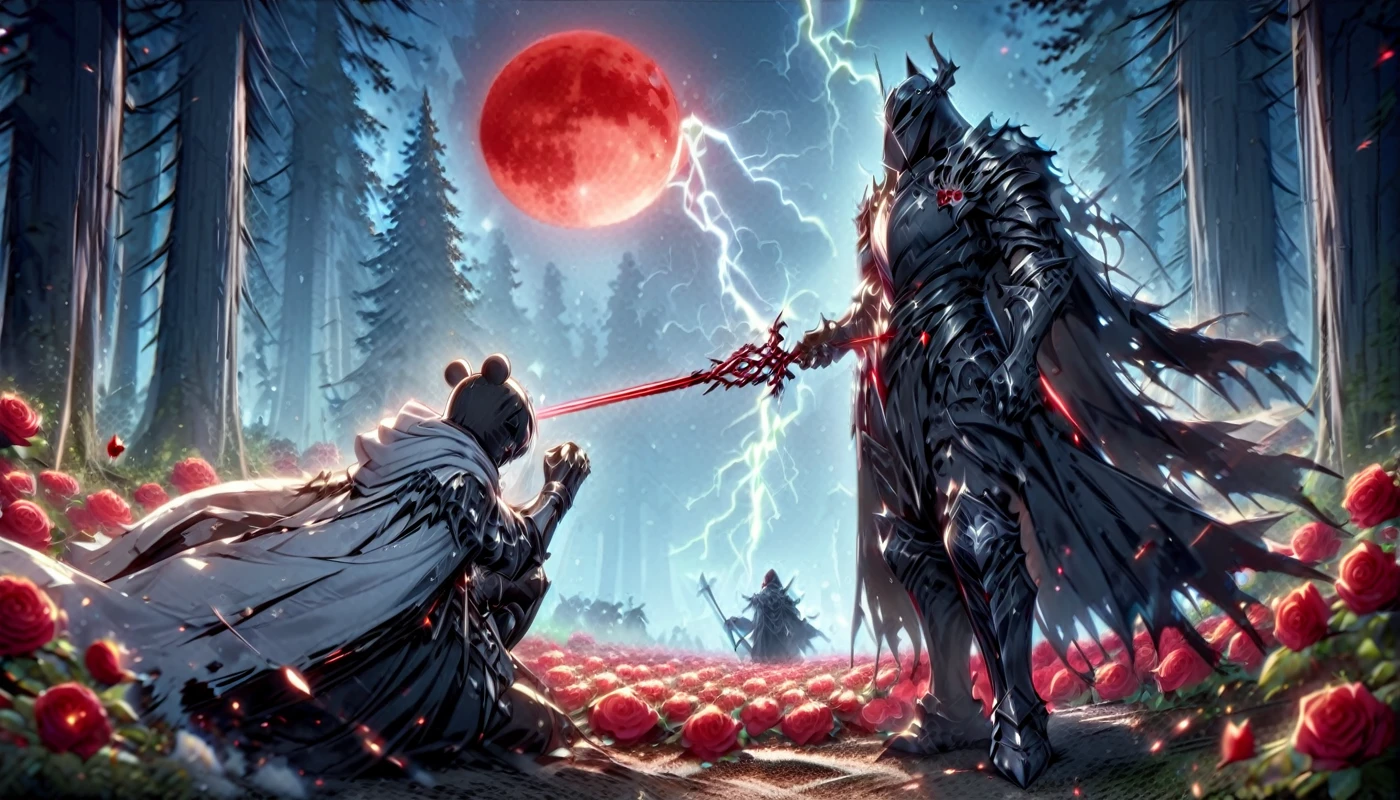 Male knight with a white hood with bear ears with sword behind his back sits towards a polar bear in a forest while the moon shines, many Roses cover the ground and lightning falls from the sky. The polar bear has black eyes and a calm appearance. Only the man wears a red blindfold. In the background of the picture is the blood moon. The forest is full of trees with leaves. The armor of the man is black with red roses on it. The knight ist petting the polar bear. 