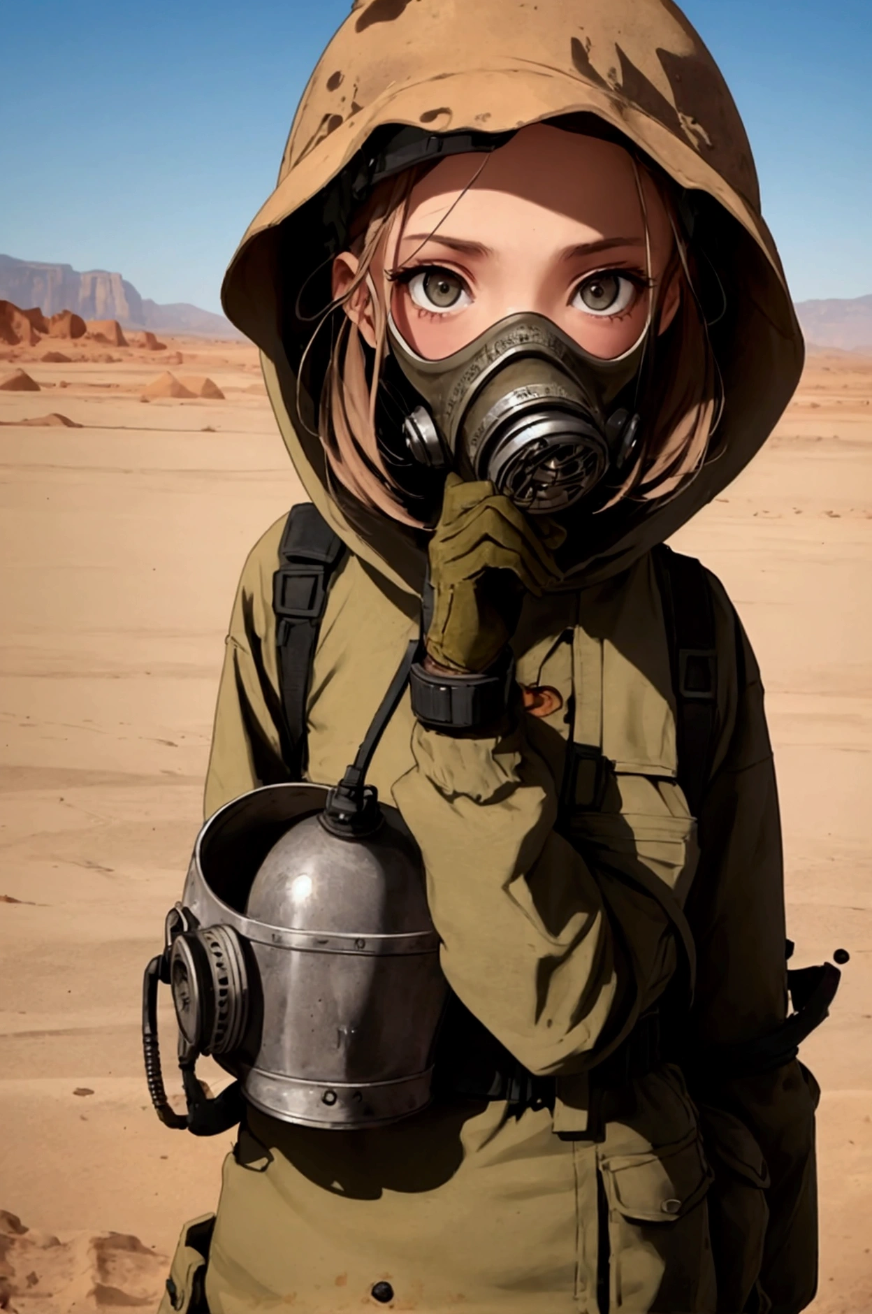 A girl in a gas mask, dressed in old rags, very thin, sits in the hot desert 