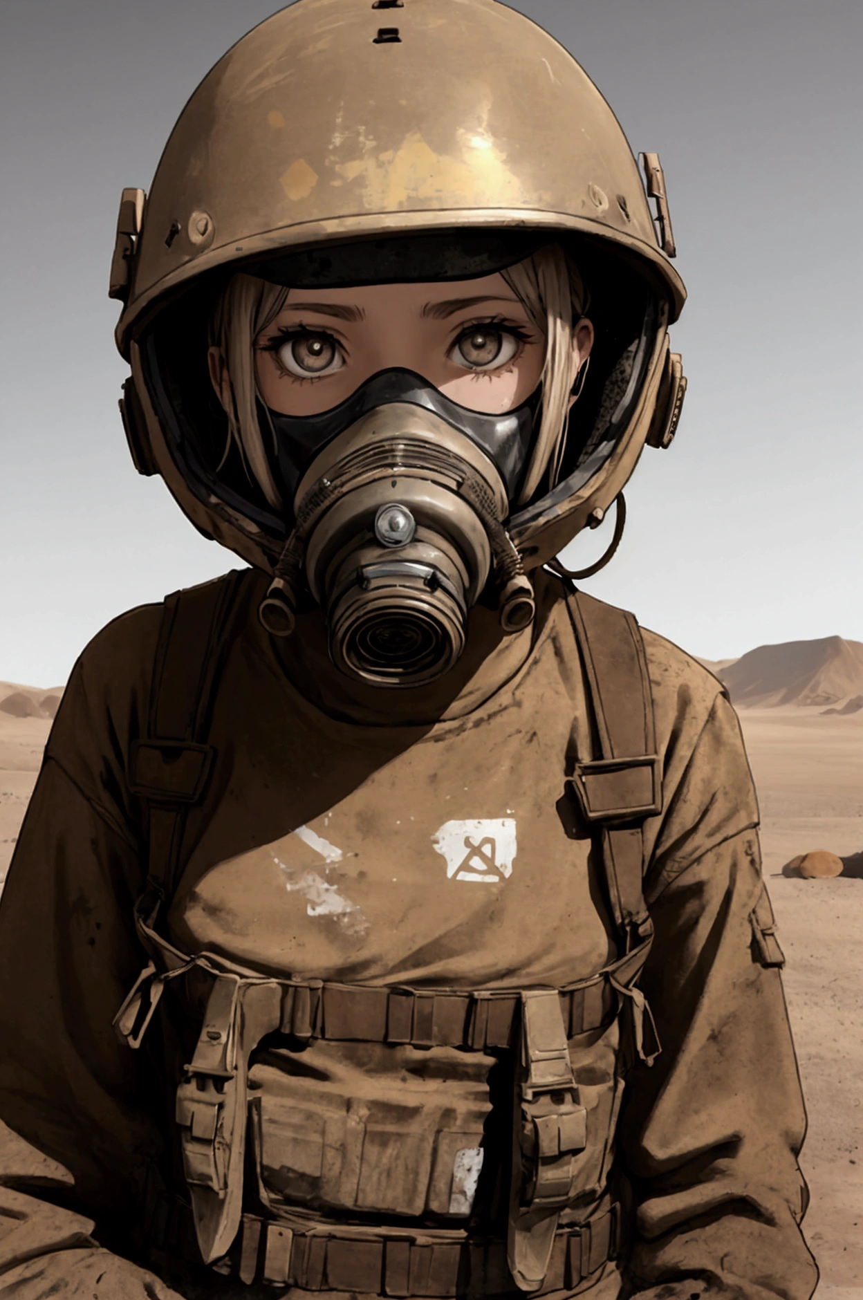 A girl in a gas mask, dressed in old rags, very thin, sits in the hot desert 