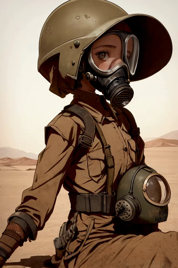 a girl in a gas mask, dressed in old rags, very thin, sits in the hot desert