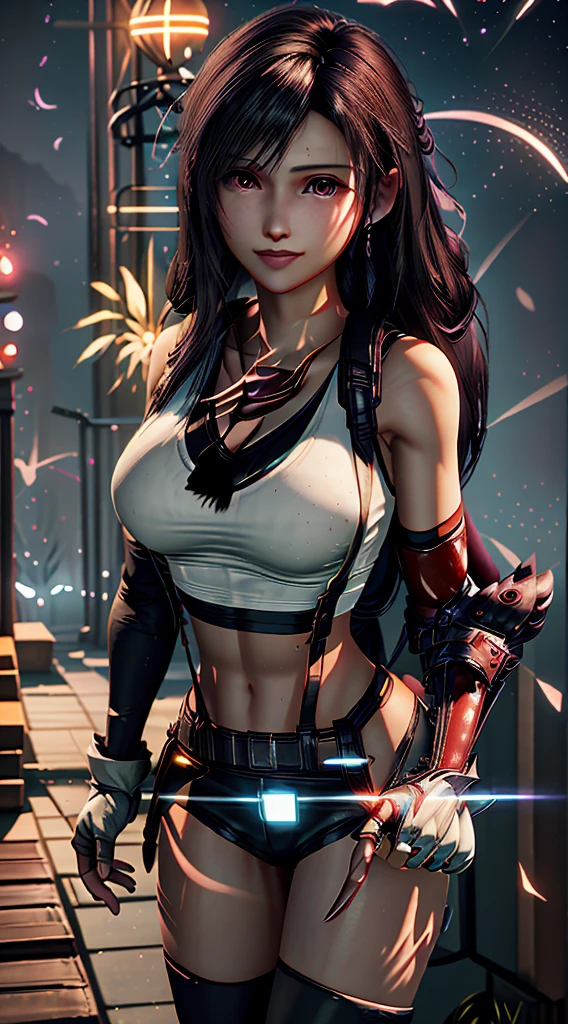 (8ｋ、highest quality、MASTERPIECE:1.2)、(photorealistic:1.3 of 7)、Super Detailed、girl 1 person、mature、solo、(Tifa Lockheart)、(big chest)、(((huge lift clothes to show bra)))、(((black bra)))、(beautiful eyes)、(smiling:1.2)、(Closed)、erotic pose、dance、neons、street scenery、Depth Of Field、Dark and strong shadows、Sharp focus、auto、motion blur、bike、Depth Of Field、composition、Glowing green light、Final Fantasy VII, (nose blush）、Single Elbow Pad、Ankle Boots、dark black hair、toned thighs、red boots、Elbow Gloves、Elbow pads、Fingerless Gloves、Taut Shirt、sports bra、（suspenders), (Black Skirt)、thights、white tank top、All over body、head rest、Lips、Facial、Low Tai Long Hair、(red_Ojo)、Yellow flowers、(night:1.3)、Complex、Bokeh、Cinematic Lighting、Photon mapping、Radiosity、physically based rendering、(Tetsuya Nomura Style)、NSFW、Perfect Breasts