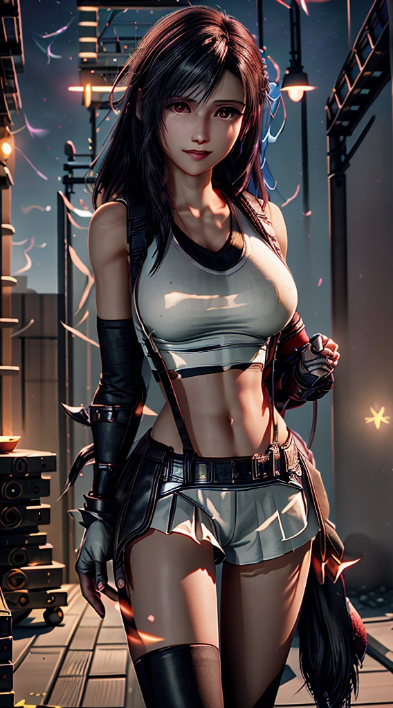 (8ｋ、highest quality、MASTERPIECE:1.2)、(photorealistic:1.3 of 7)、Super Detailed、girl 1 person、mature、solo、(Tifa Lockheart)、(big chest)、(((huge lift clothes to show bra)))、(((black bra)))、(beautiful eyes)、(smiling:1.2)、(Closed)、erotic pose、dance、neons、street scenery、Depth Of Field、Dark and strong shadows、Sharp focus、auto、motion blur、bike、Depth Of Field、composition、Glowing green light、Final Fantasy VII, (nose blush）、Single Elbow Pad、Ankle Boots、dark black hair、toned thighs、red boots、Elbow Gloves、Elbow pads、Fingerless Gloves、Taut Shirt、sports bra、（suspenders), (Black Skirt)、thights、white tank top、All over body、head rest、Lips、Facial、Low Tai Long Hair、(red_Ojo)、Yellow flowers、(night:1.3)、Complex、Bokeh、Cinematic Lighting、Photon mapping、Radiosity、physically based rendering、(Tetsuya Nomura Style)、NSFW、Perfect Breasts