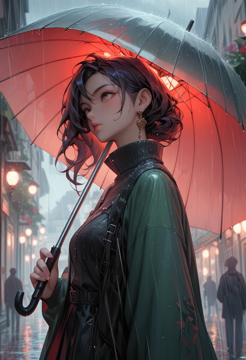 a girl, standing, holding a umbrella, rain, lookup the sky
