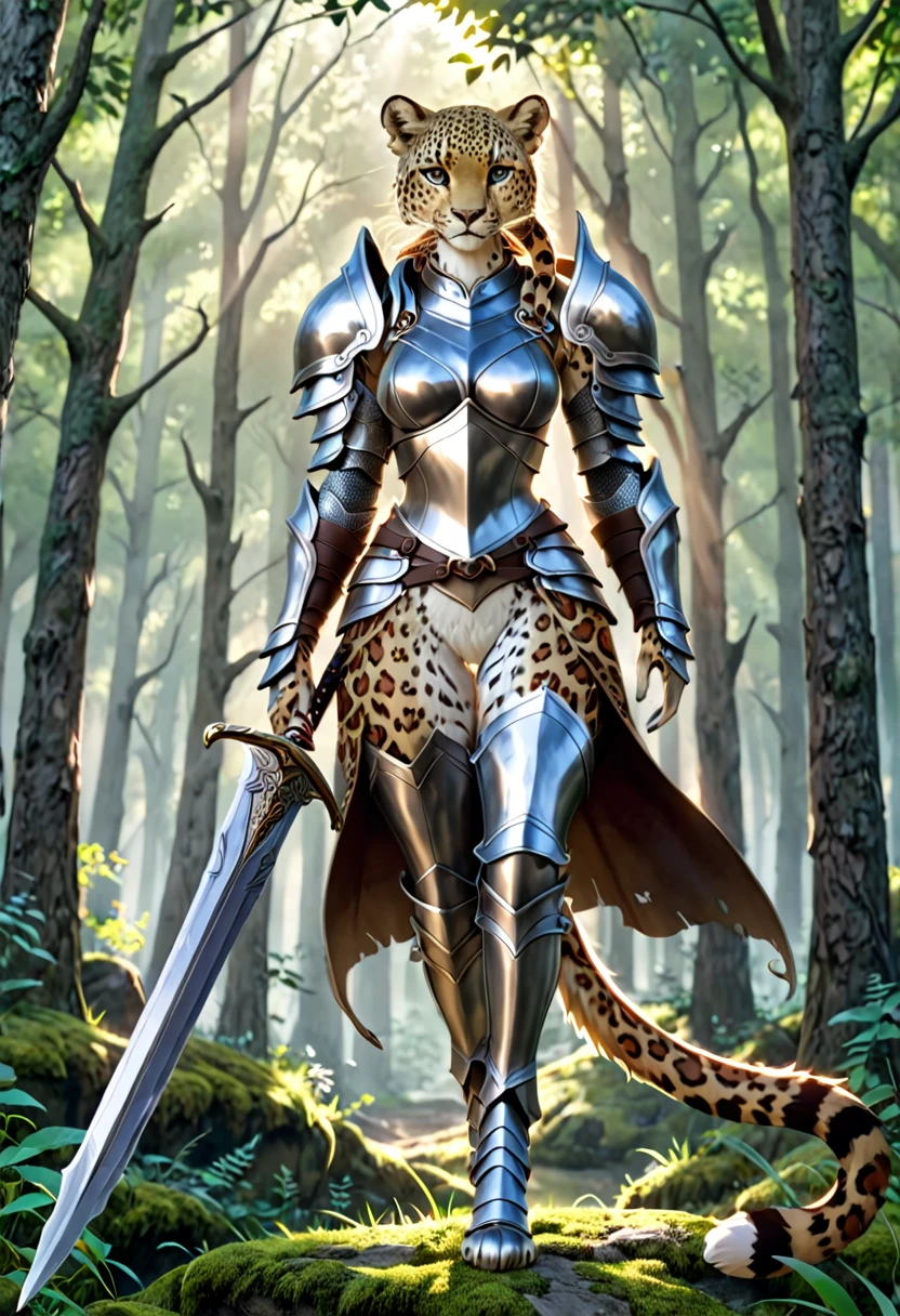 Fine fur, detailed, 4K, High resolution, Full body portrait,Fantasy. A female leopard with leopard print fur, slim, Supple, Western-style light metal armor, Carry a long sword. Fantasy世界の森の中で剣の修行, Forest Background.