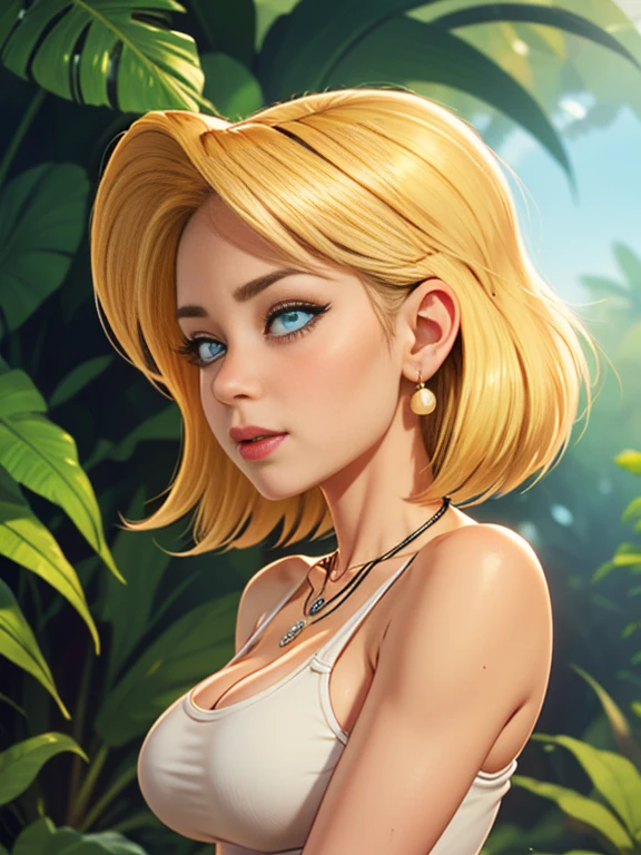  1girl, alone, Lori Loud, Digital art, Lori Loud, sexy,blonde hair, short hair, perfect eyes, blue eyes, bone necklace, Detailed clothes, masterpiece, symmetrical, excited face, big breasts, medium thigh medium waist, wide hips, Jungle, front View, Bokeh, 4K Masterpiece, HDR