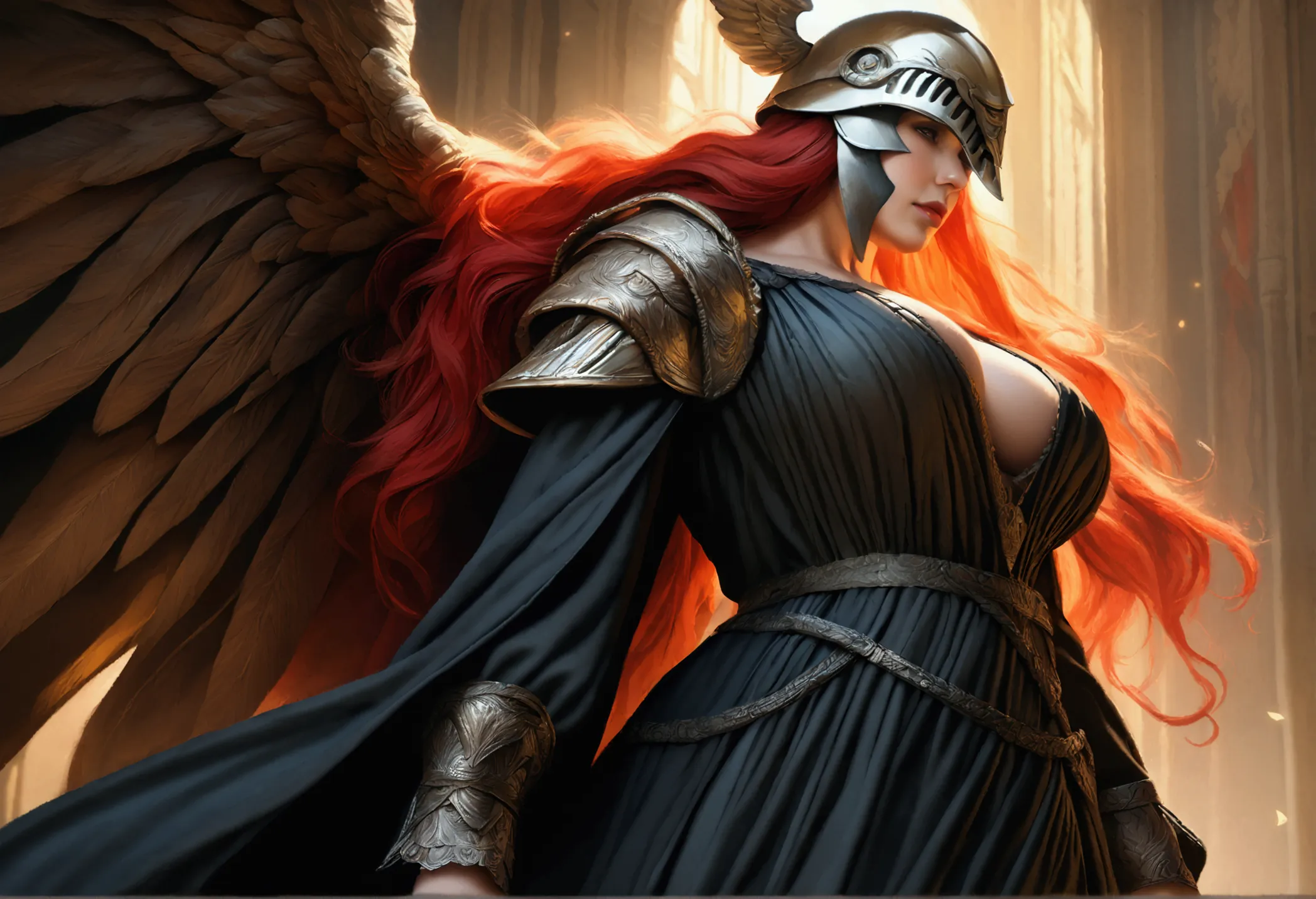 a tall woman with long red hair, perfect curvy body, large breasts, wearing a black dress, helmet, and wings, digital art, photo...