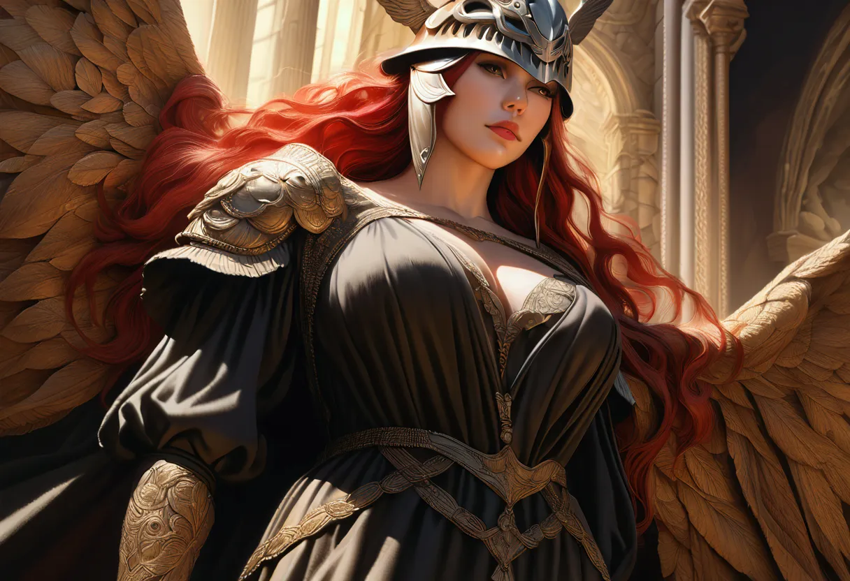 a tall woman with long red hair, perfect curvy body, large breasts, wearing a black dress, helmet, and wings, digital art, photo...