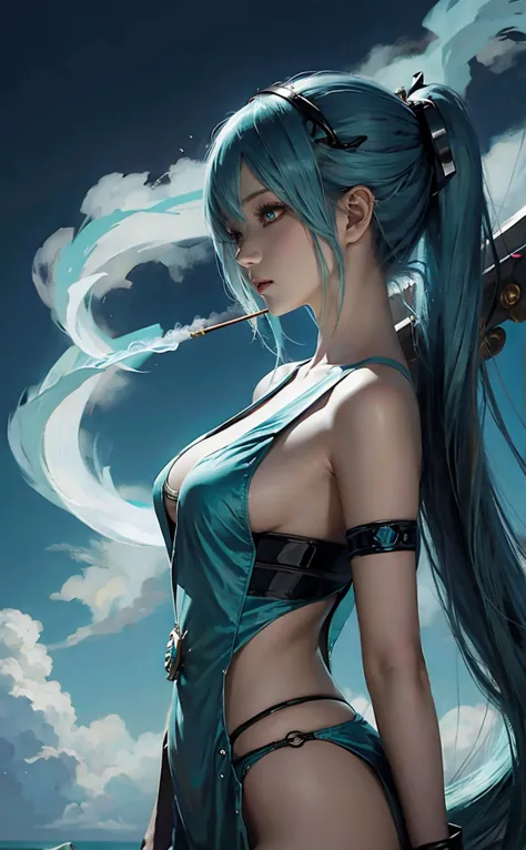 anime girl with blue hair smoking a cigarette, anime girl with teal hair, inspired by rei kamoi, full face shot of rimuru tempes...