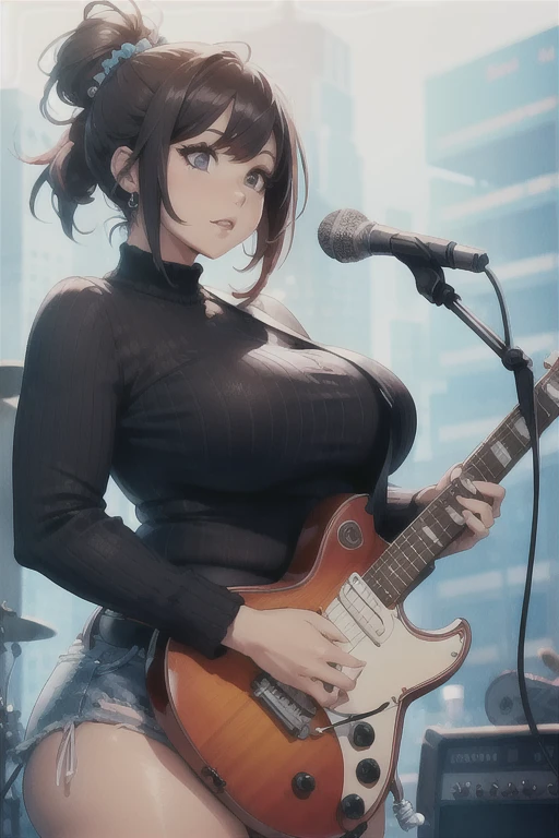 (Best quality), (high resolution), (detailed),1woman, curvy lady, cute face, cute hairstyle, guitarist, mascot, chubby lady