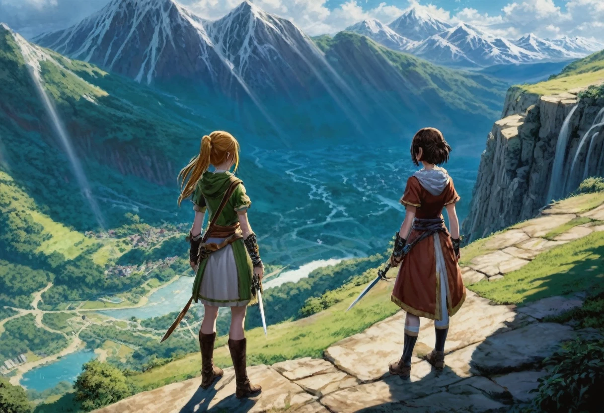 masterpiece, best quality, ultra-detailed, illustration, 2girls,fantasy, RPG, heroine, outdoors, epic, dramatic, dynamic, magic, shadow, impact, realism, naturalistic, video game culture, anime, manga, Japanese, RPG tropes, character design, animation, special effects, composition, scale, high ground, background, perspective, light, light shafts, sunrays, color, texture, detail, beauty, wonder, cinemascope, scenery, panorama, aerial view, mountain 