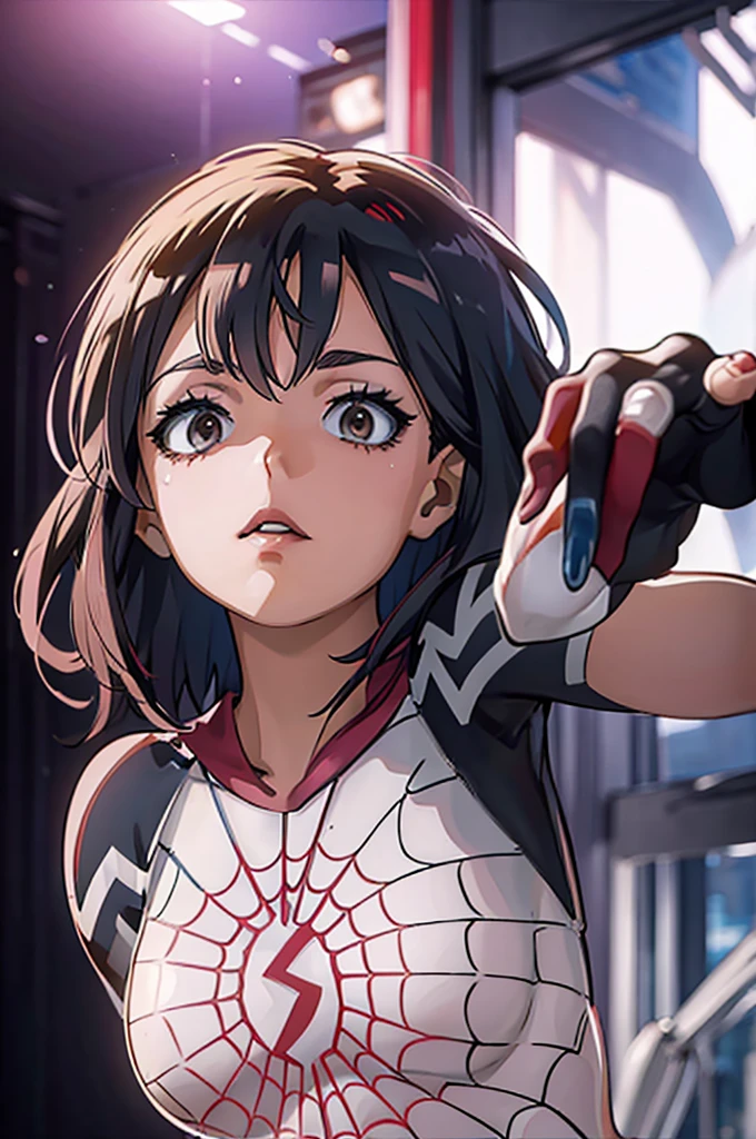 uraraka ochako, mha series, uraraka ochako, ((spider gwen)), spider gwen, wearing she venom suit, mask, hero mask, white face mask, white domino mask with white big eyes, beautiful detailed eyes, beautiful detailed lips, extremely detailed eyes and face, long eyelashes, dynamic action pose, intense focus, cinematic lighting, high contrast, vibrant colors, digital art, highly detailed, photorealistic, masterpiece, 8k, ultra-detailed
