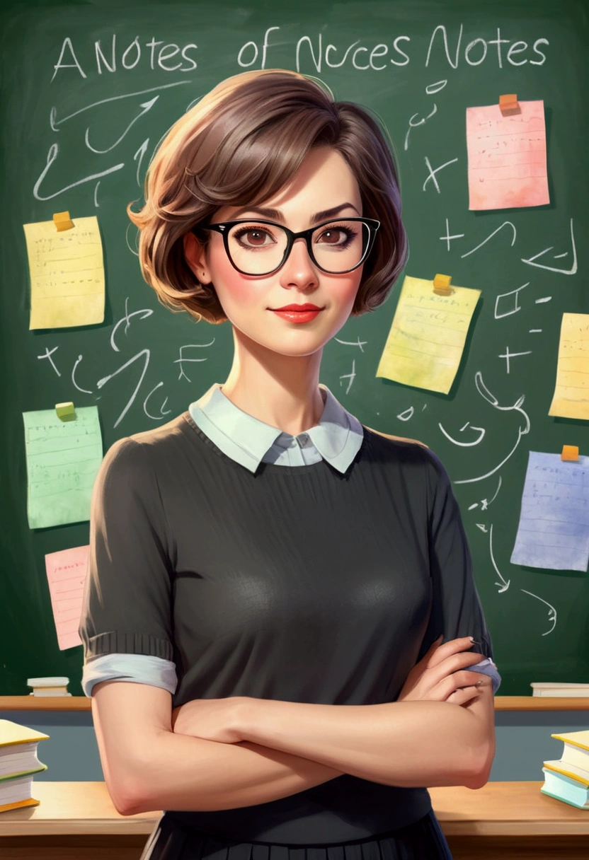 a female teacher with short hair and glasses, standing next to a chalkboard full of notes, watercolor style, pastel tones,