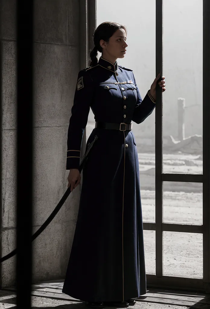 a female guard stands with a whip in a german concentration camp.