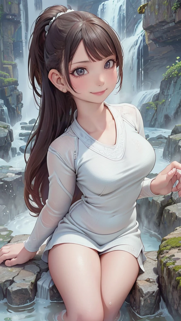 (bathing in the basin of a waterfall),ultra straight hair,long ponytail,rash guard,(Highest image quality, (8K), Ultra-realistic, Best Quality, High quality, High Definition, high quality texture, high detailing, Beautiful detailed, fine detailed, extremely details CG, Detailed texture, realistic representation of face, masterpiece, presence)