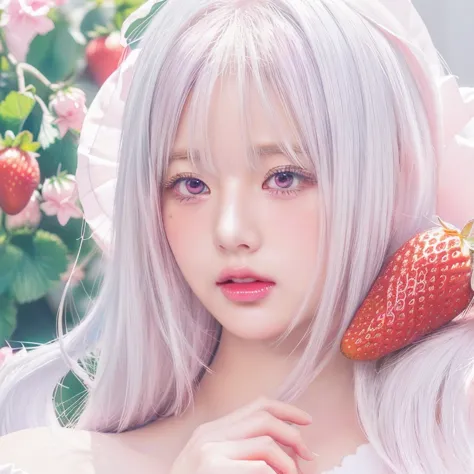 anime girl with white hair and pink eyes holding a strawberry, soft anime illustration, visual anime of a cute girl, detailed po...