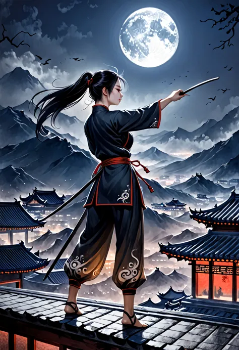 (((best quality))),(((ultra detailed))),(((masterpiece))),illustration,1man,1woman,swordsman,woman warrior,traditional chinese c...