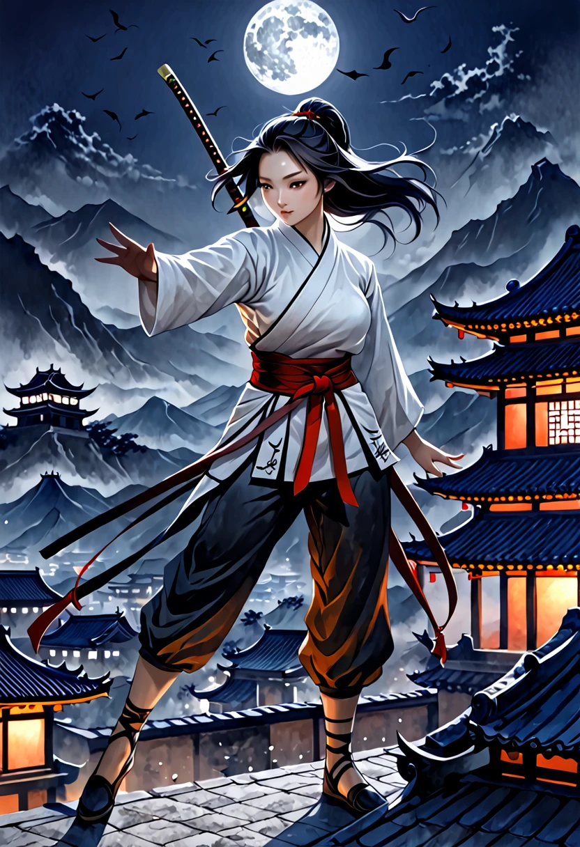 (((best quality))),(((ultra detailed))),(((masterpiece))),illustration,1man,1woman,swordsman,woman warrior,traditional Chinese clothing,standing,ink style,martial arts,pose,rooftop,moonlight,night,background,ancient Chinese architecture,misty mountains,silhouette,serenity --ar 16:9