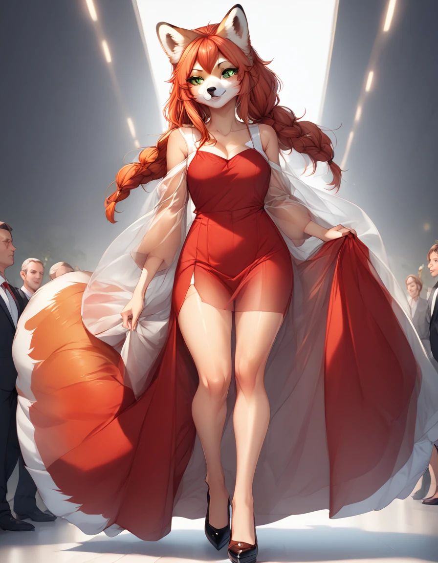 Solo, Score_9, score_8_up, score_7_up, kemono style, Kimiko, An Anthro furry red panda girl, red furry body, red panda tail, , black nose, red hair, braided hair, majestic, long legs, athletic arms and legs, green emerald eyes, toned legs, toned thighs, mid angle shot, gorgeous, high quality, modest wedding dress, walking down aisle, blushing, white straps around legs, heels, beads around arms, beads around legs, wooden ornaments, see through sleeves, elegant dress, red dress, long dress