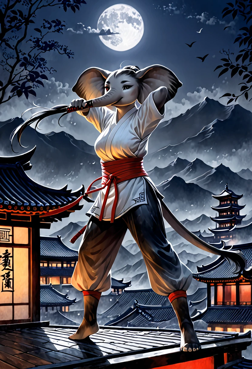 (((best quality))),(((ultra detailed))),(((masterpiece))),illustration,1woman,swordsman,woman warrior,traditional Chinese clothing,standing,ink style,martial arts,pose,rooftop,moonlight,night,background,ancient Chinese architecture,misty mountains,silhouette,serenity,furry,elephant anthro--ar 16:9