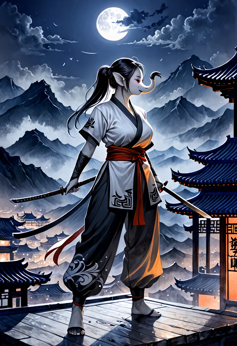 (((best quality))),(((ultra detailed))),(((masterpiece))),illustration,1woman,swordsman,woman warrior,traditional Chinese clothing,standing,ink style,martial arts,pose,rooftop,moonlight,night,background,ancient Chinese architecture,misty mountains,silhouette,serenity,furry,elephant anthro--ar 16:9