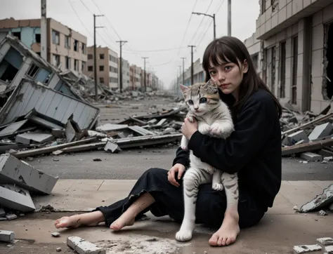 in the foreground is a  ukrainian girl with an unhappy, dirty little face., holds a kitten in his hands. is sitting, hugs a kitt...