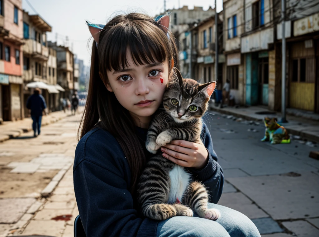 A tiny Ukrainian girl sits in the foreground and holds a kitten in her hands, stained tear-stained face. But in the background is the blurred ruined city of Kerain.
solo, 1 girl, 