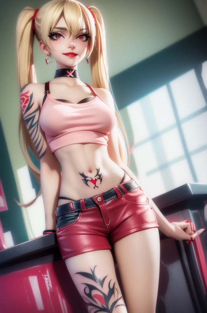 a mature woman,, make up, red lips, sport bra, jeans shorts, white sneakers, tatoos, blonde hair, twin tails long, high-leg panties pink, tattoo, photorealistic, detailed, high quality, long skinny legs, tall, skinny, smiling, horny, nipples, bartender, relaxed, chill