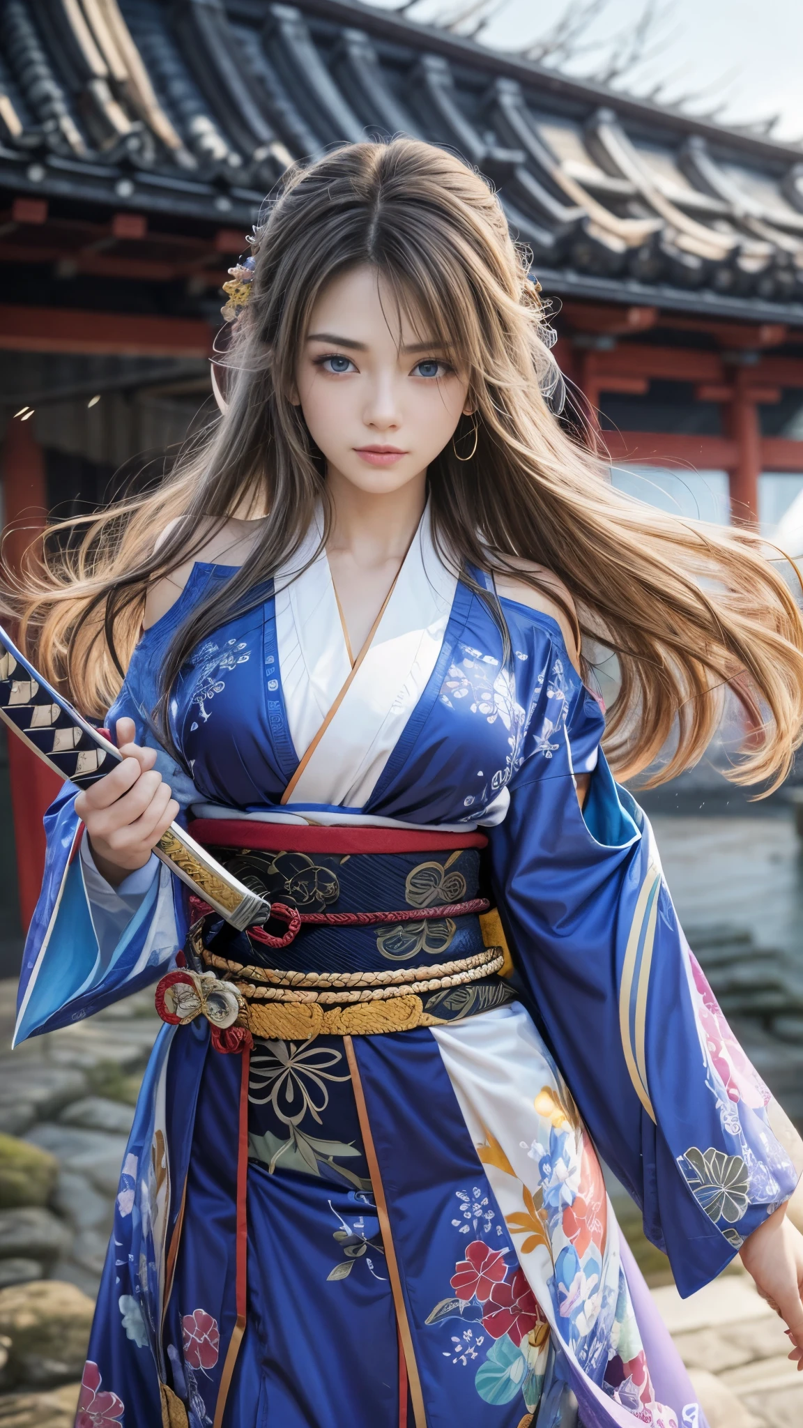 (RAW shooting:1.5, Photoreal:1.5, 8k, highest quality, masterpiece, ultra high resolution), Japan, world of magic and swords, perfect dynamic composition:1.2, Mysterious:1.3, Highly detailed skin and facial textures:1.3, cute and sexy slim female samurai, beautiful and aesthetic:1.2, cute and sexy beauty, perfect style, wear elaborate rings, Holding a Japanese sword:1.1, fire, water, wind, thunder, ice, Fair skin, very beautiful face, (Medium chest, Chest gap), (embarrassing smile, The expression on your face when you feel intense caress, Facial expression when feeling pleasure), (wear kimono sexy:1.1, off shoulder), (beautiful blue eyes, Eyes that feel beautiful eros:0.8), (Too erotic:0.9, Bewitching:0.9), full body shot, Japan castle in the background