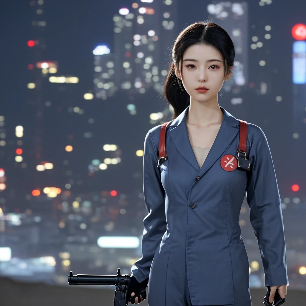 Japanese、Beautiful woman、One Woman、nice、Japanese、whole body、Wearing a mechanic suit、Gun in right hand、Beauty in the 20s、Realistic Skin、Commercial Shooting、Staring at the camera、The background is Cyber City
