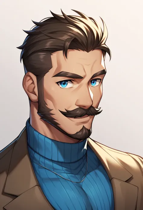 1man, middle-aged man, 4, pompadour hairstyle, dark brown graying hair, blue eyes, handsome, mustache, beard, muscular, wearing ...