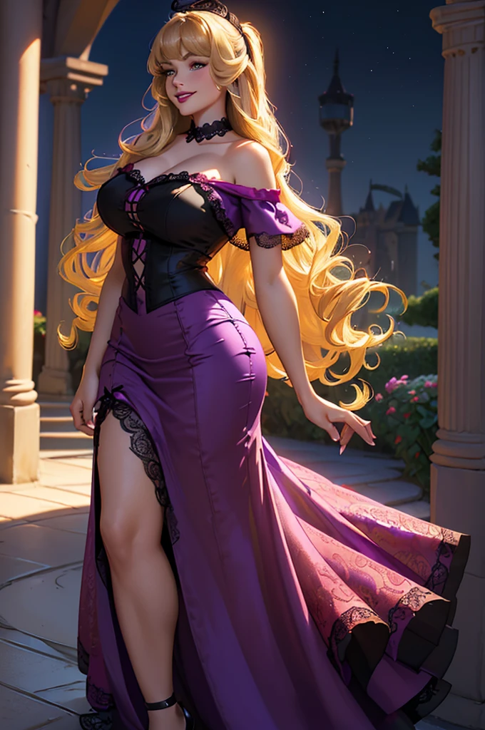 DisneyAurora, full body view Beautiful woman (((shoulder length wavy honey blonde hair, two side up with bangs))) defined body, voluptuous, sexy, cherry red lipstick, arms by her sides, hands free, happily smiling, standing facing camera ((( bright purple short sleeve satin dress, long skirt with black lace trim ))), in moonlit grassy field, (large_breasts:1.3) (curvy:1.2)