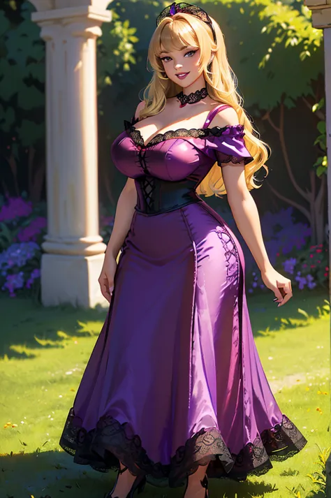 disneyaurora, full body view beautiful woman (((shoulder length wavy honey blonde hair, two side up with bangs))) defined body, ...