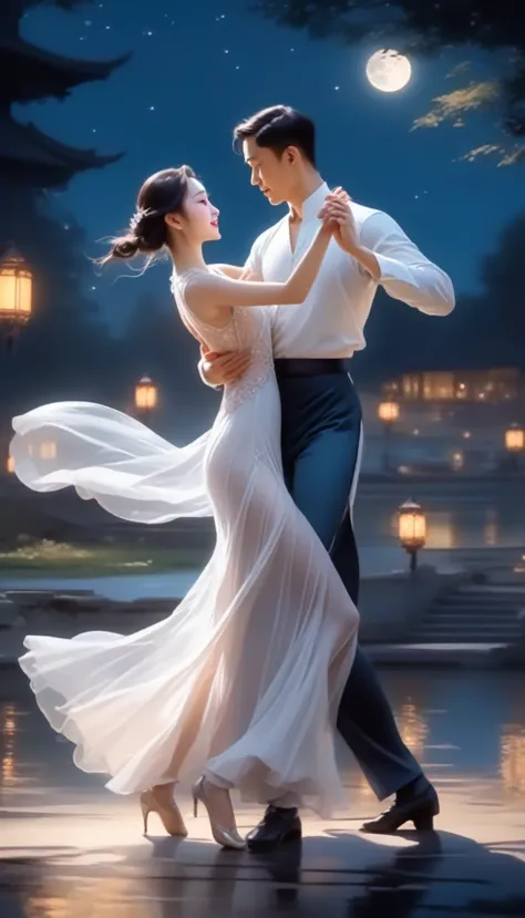 high-detail raw color, full-body shot, a chinese girl in transparent long white dress dance tango with a man in parklake in moon...