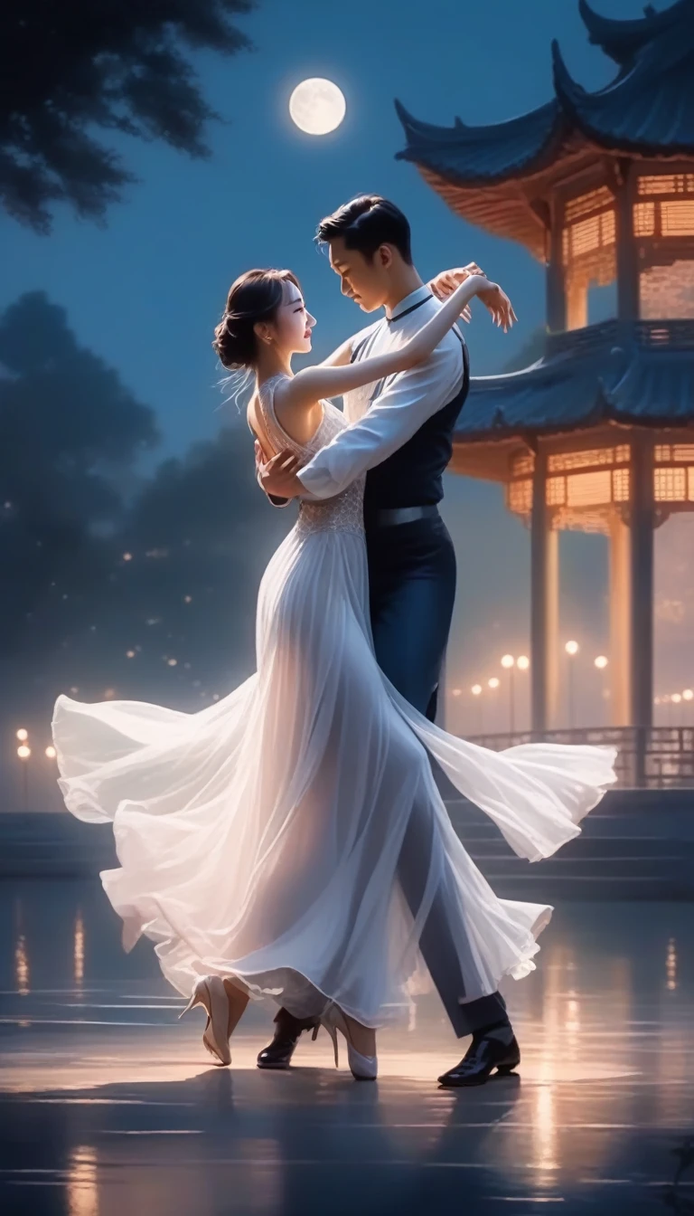 High-detail RAW color, full-body shot, a chinese girl in transparent long white dress dance tango with a man in parklake in moonlight