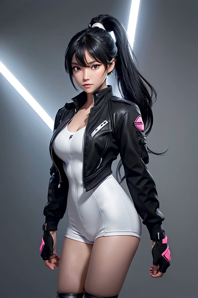 Eve, stellar blade, 8k,highres, 1girl, front lighting, simple background, gray background, looking at the viewer, jacket, bodysuit, black hair and dark black hair, fringe, hair tied in ponytail style, video game, heels, ps5
