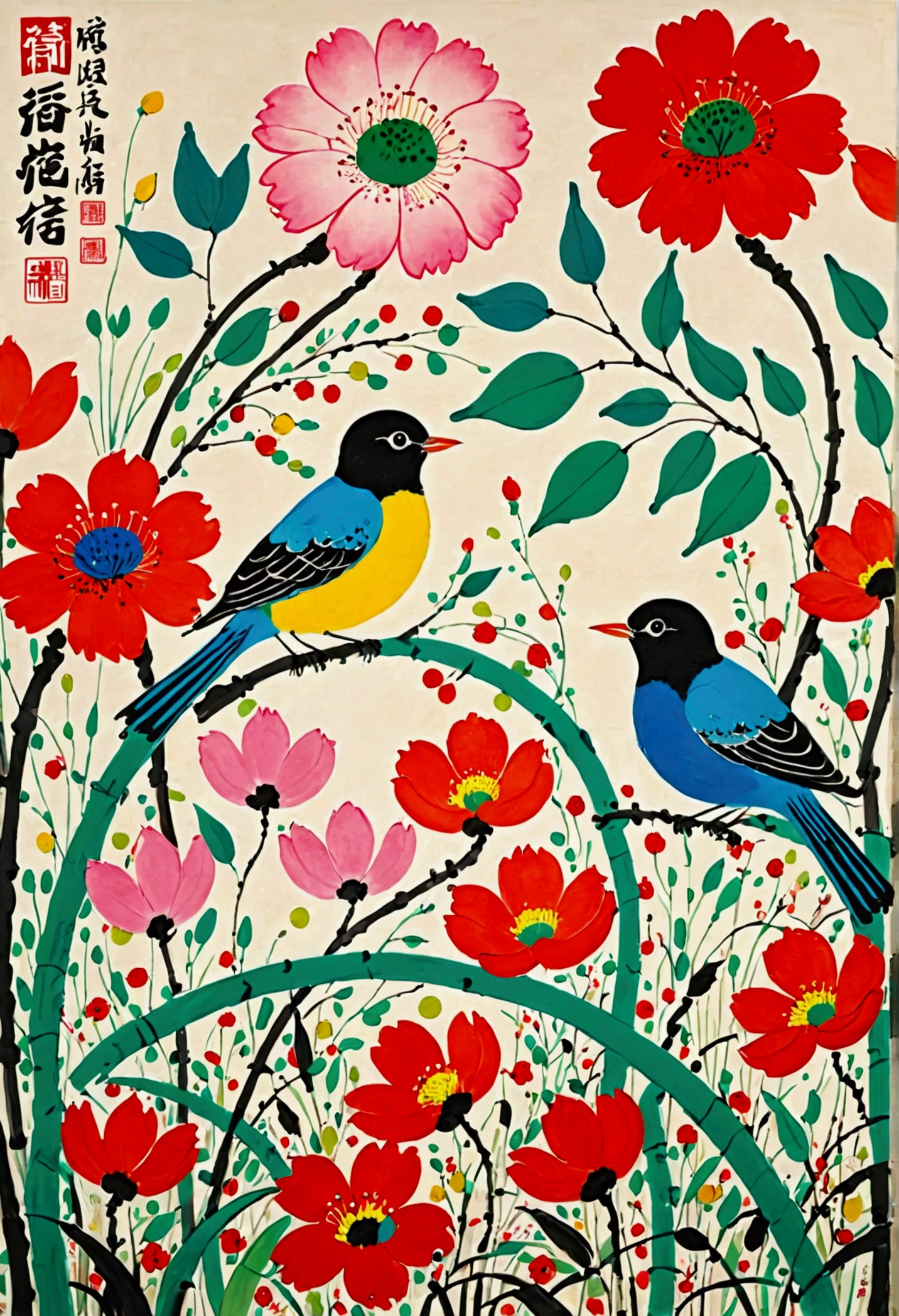 Pop Art，Modern art abstract painting：Polka dot art，Birds perched on flowers,Grass， author Gai Qi, author：Gao Cen, Wu Guanzhong, author：Wu Wei, author：Shao Mi, Wang Shimin, author：Luo Mu, traditional Chinese painting, Mei Qing, by Xia Shuwen, inspired Wu Guanzhong, author：Gong Kai, by Zhou Shuxi