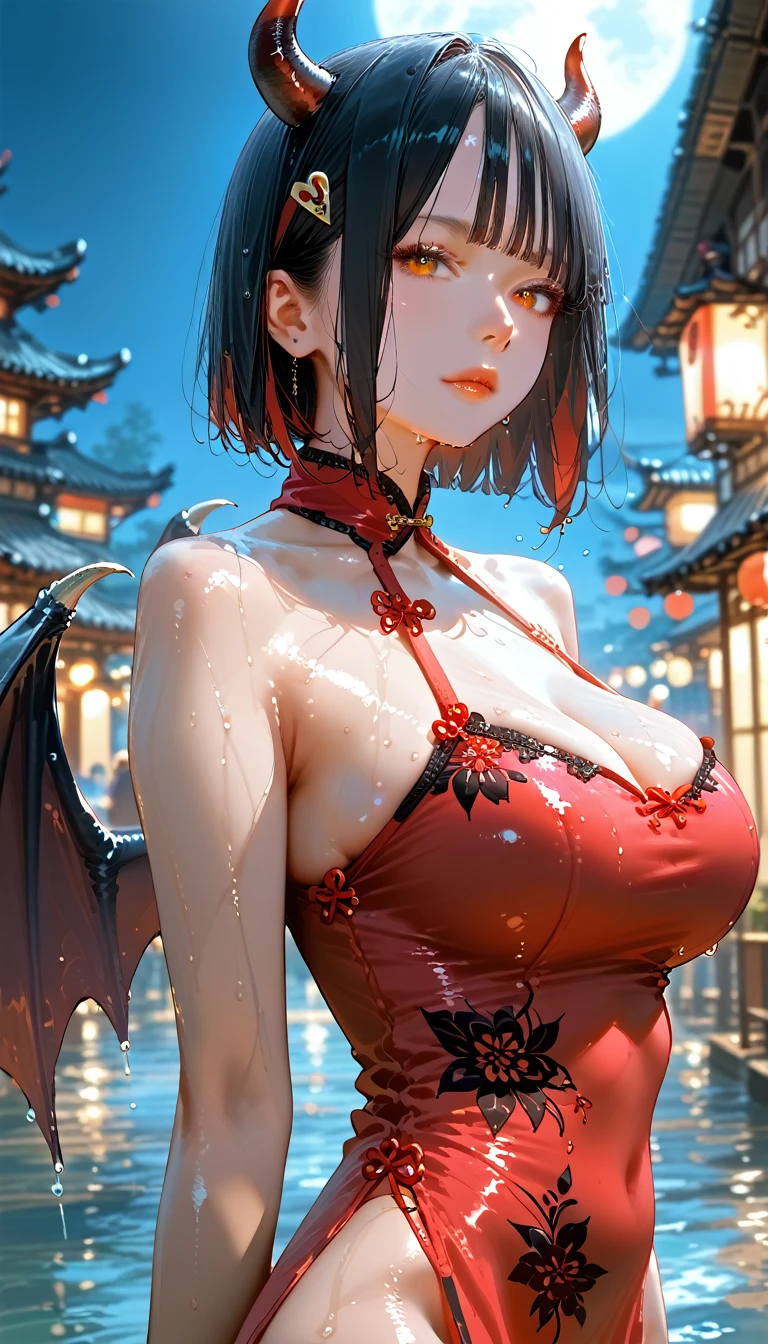 score_9, score_8_up,score_7_up,masterpiece, best quality, perfect anatomy, very aesthetic, official art, 8k,1girl, wet skin,shiny skin ,gleaming skin,seductive face,closed mouth,eyelashes,lips gloss,demon_girl,demon_wings,devil horns,huge_breasts,short bob hair,blunt bangs,hairclip,Cheongsam,side slit,from side ,night,china town,neon light