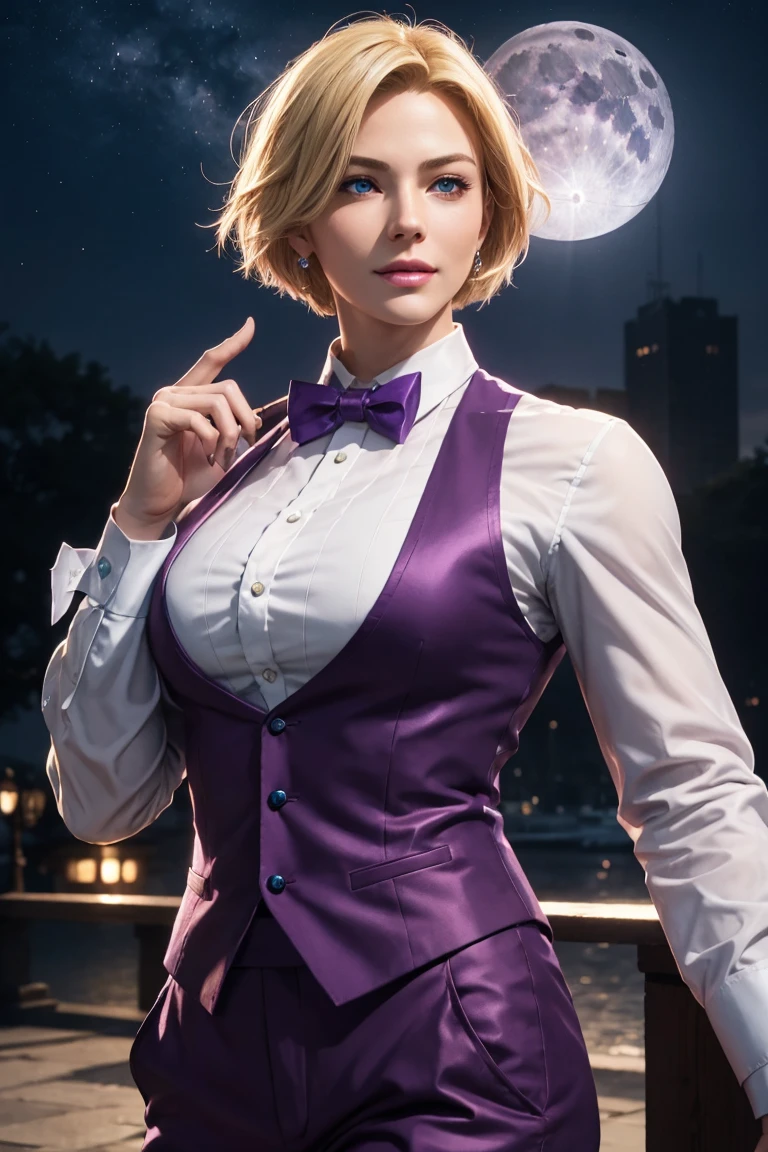 KOF,King of Fighters,King,Blue Eyes,Blonde Hair,Medium Hair,White long shirt,Purple vest,A bow tie,Beautiful white skin,Photorealistic,Ultra HD,high quality,masterpiece,Digital SLR,Detailed details,Intricate details,Anatomical basis,Depicted in detail,A detailed face,Realistic skin texture,Vivid details,Perfect Anatomy,Perfect Anatomy,Anatomically correct hand,Anatomically correct fingers,Super Detail,Complex 3D rendering,Sexy pose,Fantasy worldview,Beautiful Full Moon,,Beautiful night sky,Purple rose petals fluttering,Picturesque,Pink Lips,smile,