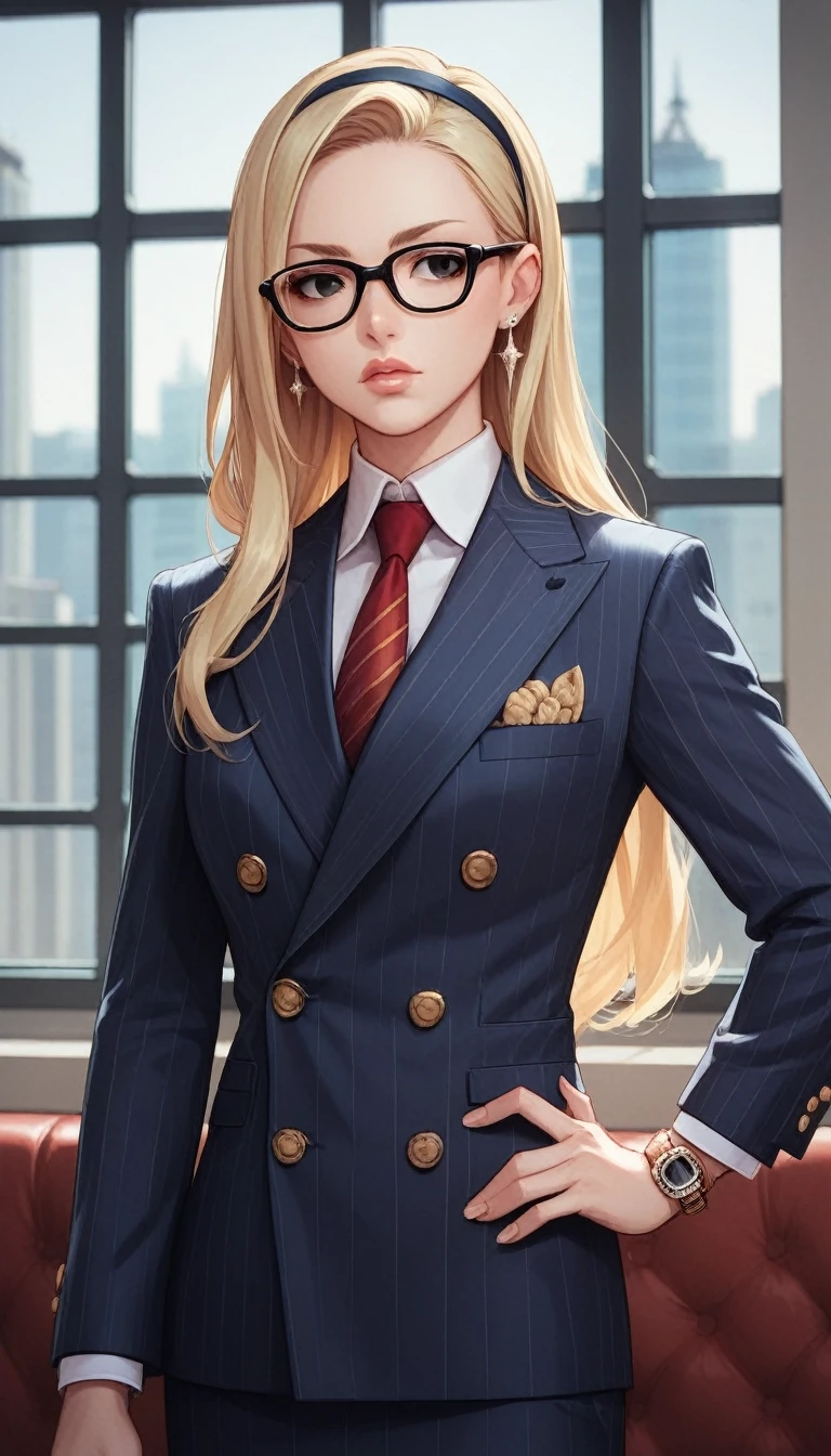 score_9, score_8_up, score_7_up, score_6_up, source_anime, double-breasted suits, 1girl, solo, blonde hair, long hair, swept back hair, hairband, glasses, formal, jewelry, suit, red necktie, earrings, jacket, shirt, standing, hand on hip, window, black eyes, watch, navy pinstripe jacket, wristwatch, light blue shirt with white collar, lips, skirt