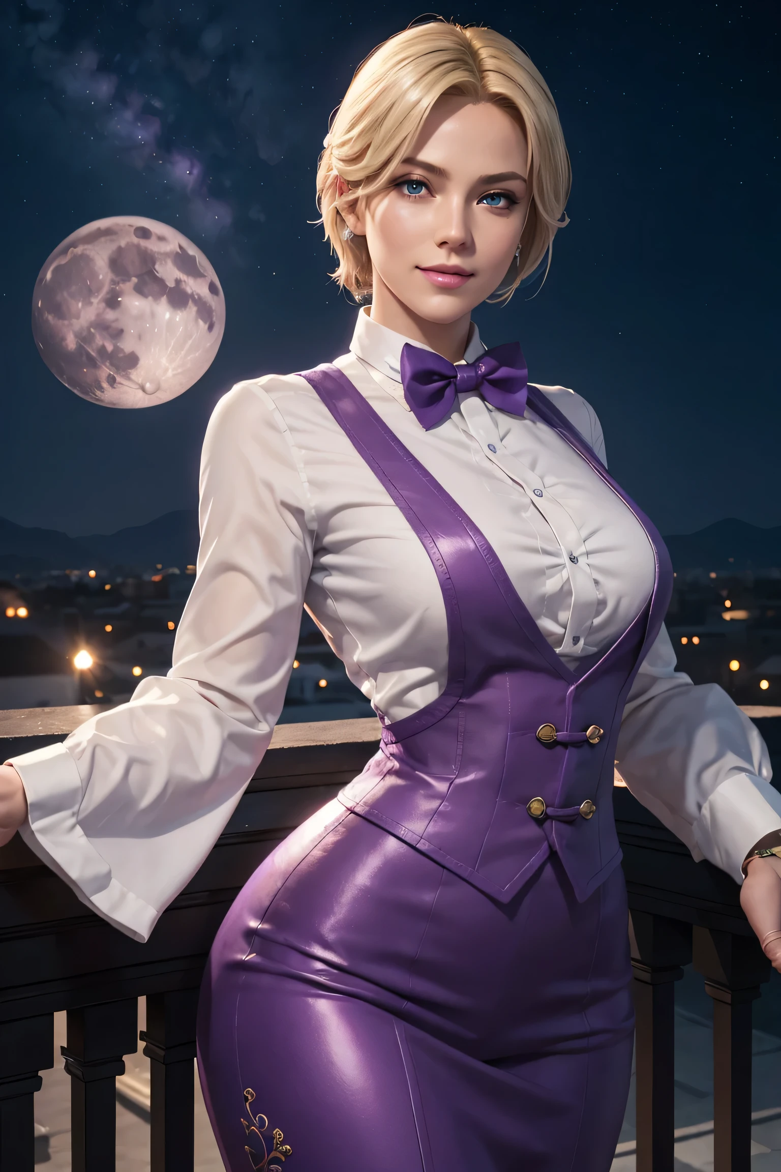 KOF,King of Fighters,King,Blue Eyes,Blonde Hair,Medium Hair,White long shirt,Purple vest,A bow tie,Beautiful white skin,Photorealistic,Ultra HD,high quality,masterpiece,Digital SLR,Detailed details,Intricate details,Anatomical basis,Depicted in detail,A detailed face,Realistic skin texture,Vivid details,Perfect Anatomy,Perfect Anatomy,Anatomically correct hand,Anatomically correct fingers,Super Detail,Complex 3D rendering,Sexy pose,Fantasy worldview,Beautiful Full Moon,,Beautiful night sky,Purple rose petals fluttering,Picturesque,Pink Lips,smile,