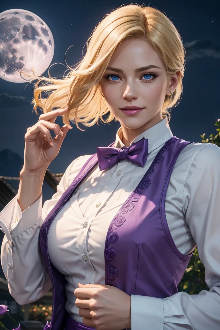 KOF,King of Fighters,King,woman,Blue Eyes,Blonde Hair,Medium Hair,White long shirt,Purple vest,A bow tie,Beautiful white skin,Photorealistic,Ultra HD,high quality,masterpiece,Digital SLR,Detailed details,Intricate details,Anatomical basis,Depicted in detail,A detailed face,Realistic skin texture,Vivid details,Perfect Anatomy,Perfect Anatomy,Anatomically correct hand,Anatomically correct fingers,Super Detail,Complex 3D rendering,Sexy pose,Fantasy worldview,Beautiful Full Moon,,Beautiful night sky,Purple rose petals fluttering,Picturesque,Pink Lips,smile,