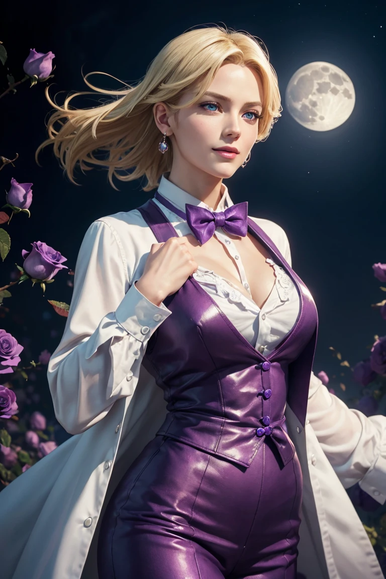 KOF,King of Fighters,King,woman,Blue Eyes,Blonde Hair,Medium Hair,White long shirt,Purple vest,A bow tie,Beautiful white skin,Photorealistic,Ultra HD,high quality,masterpiece,Digital SLR,Detailed details,Intricate details,Anatomical basis,Depicted in detail,A detailed face,Realistic skin texture,Vivid details,Perfect Anatomy,Perfect Anatomy,Anatomically correct hand,Anatomically correct fingers,Super Detail,Complex 3D rendering,Sexy pose,Fantasy worldview,Beautiful Full Moon,,Beautiful night sky,Purple rose petals fluttering,Picturesque,Pink Lips,smile,