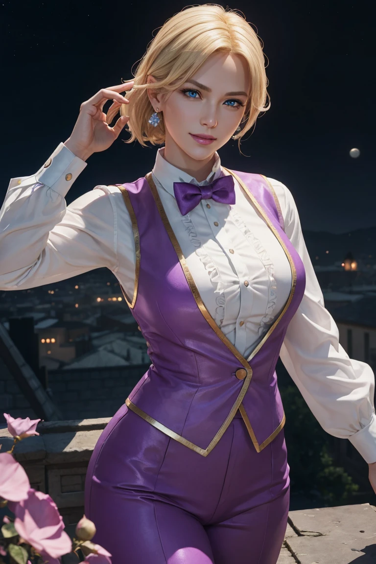 KOF,King of Fighters,King,woman,Blue Eyes,Blonde Hair,Medium Hair,White long shirt,Purple vest,A bow tie,Beautiful white skin,Photorealistic,Ultra HD,high quality,masterpiece,Digital SLR,Detailed details,Intricate details,Anatomical basis,Depicted in detail,A detailed face,Realistic skin texture,Vivid details,Perfect Anatomy,Perfect Anatomy,Anatomically correct hand,Anatomically correct fingers,Super Detail,Complex 3D rendering,Sexy pose,Fantasy worldview,Beautiful Full Moon,,Beautiful night sky,Purple rose petals fluttering,Picturesque,Pink Lips,smile,