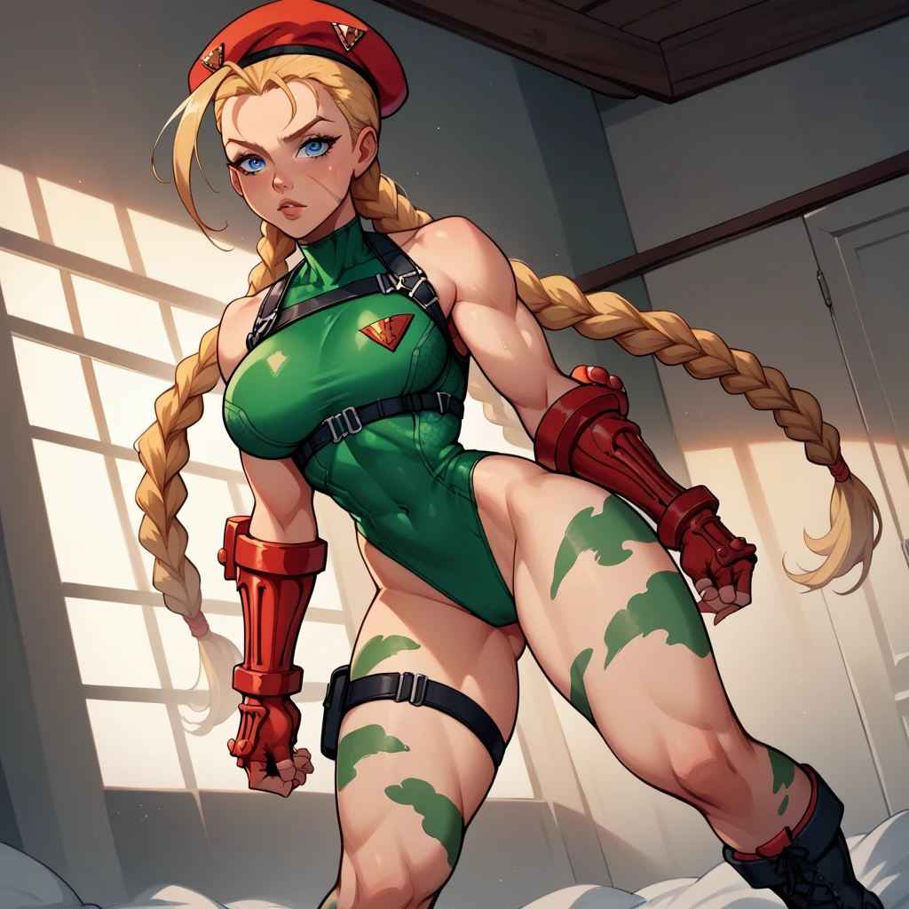 score_9, score_8_up, score_7_up, score_6_up, 1girl, CammyWhiteSFXL, (ultra HD quality details), (( scar on cheek, blue eyes, blonde hair, long hair, twin braids, antenna hair, camouflage, red beret, large breasts, bare shoulders, green leotard, black harness, red gloves, fingerless gloves, black boots)), bedroomsettings, (cinematic lighting:1.2), below, hogtie bondage,