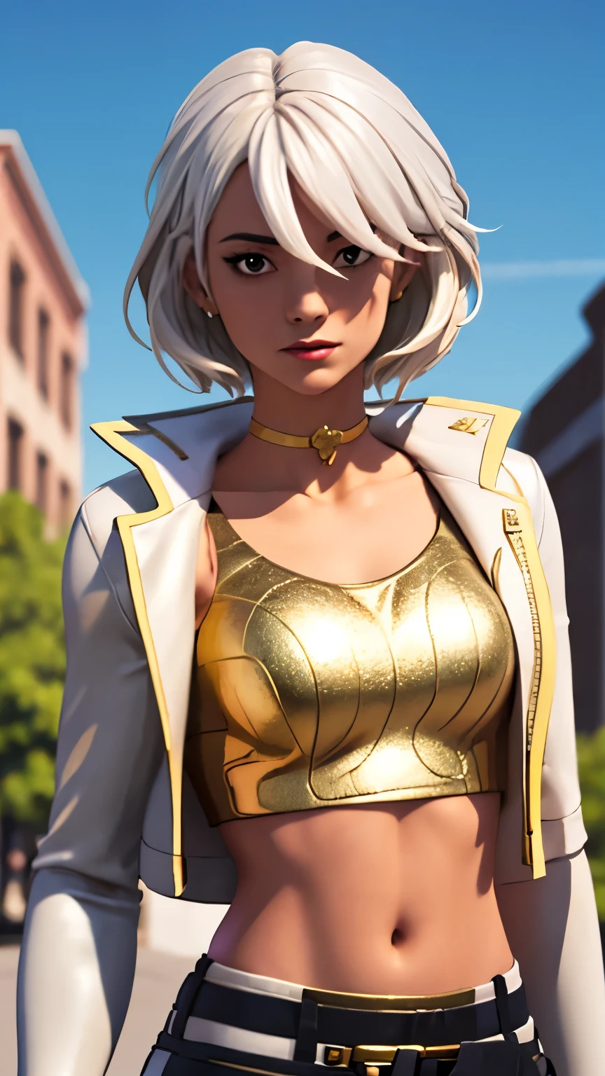 City detailed background, city detailed scenario, 1girl, solo, AphroditeFN, crop top, Gold top, yellow crop top, open clothes, jacket crop top, white jacket, white hair, upper body, looking at viewer,