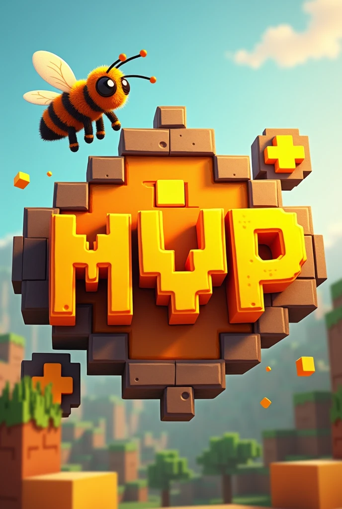 A emblem written "MVP'', with orange-yellow color minecraft theme with a minecraft bee and honey *no background*