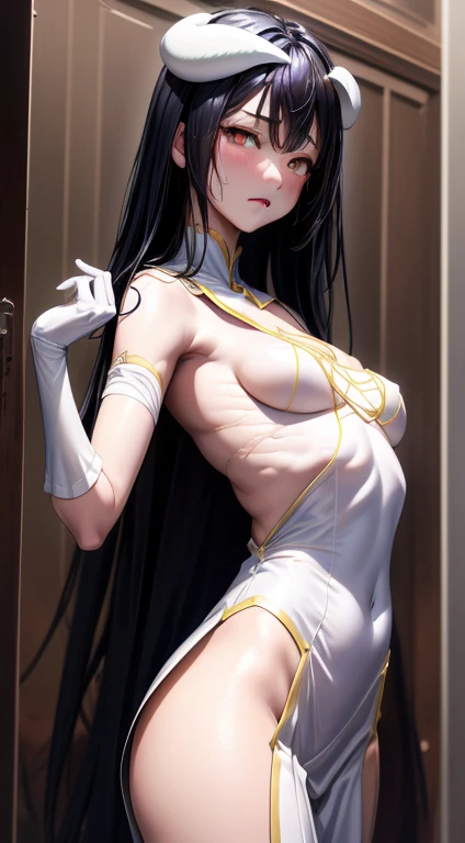 Focus on the upper body, Practical, 1 Girl, 黑色Long hair, Sparkling eyes, White Dress, Standing posture, Tomb Background, trumpet, Perfect limbs,Japanese, Black Hair,Long hair,Bangs,black eyes,(Small head:1.4, Ideal body proportions:1.5,Skinny:1.2,Small breasts:1.2),(Uniforms:1.3、Short sleeve、Sailor Suit、Pleated Mini Skirt)、1 girl，Gloomy cells，All over the ground刑具，Bloody torture instruments，All over the ground血污，All over the ground，4 naked men，The girl was naked，Teenage nude，The girl was拘束吊起，，，Girl with injuries，Wailing in pain，The girl wasrape，The girl was，Multiple people had violent sex with a young girl，Violent sexual behavior，Deep throat，，（（Full set））、（：1.6），rape，Clothes are torn