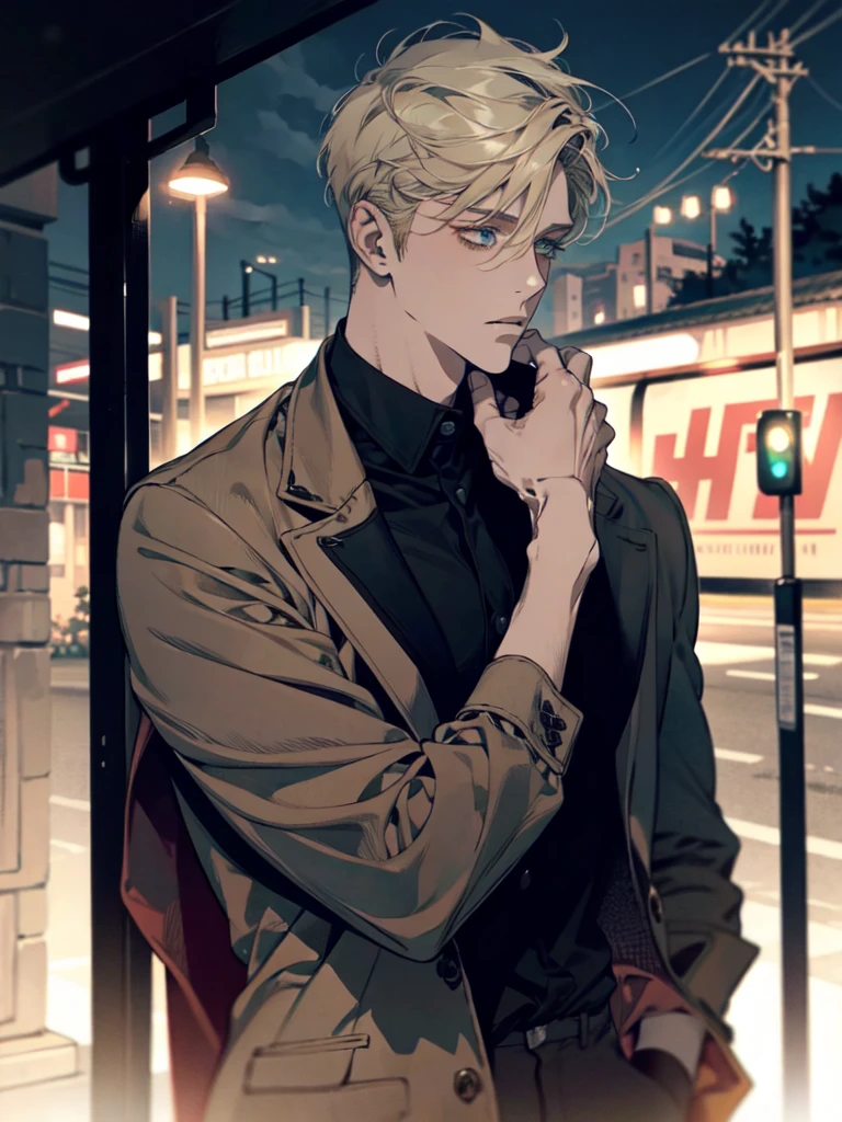 Night time , at a bus stop , spooky lighting ,  lit only by street light , spooky glow , moody scene , reflections, wearing Fall clothing , (masterpiece, best quality )detailed, 1Character , blue archive art style ,  pastel washed out colors , cell shade , soft, muted shades ,gentle colors , Handsome man , yellow hair, very Short hair, ((crew cut hair style:1 )) , Blue eyes , light skin , ((muscular:1)),masculine ,age 28,