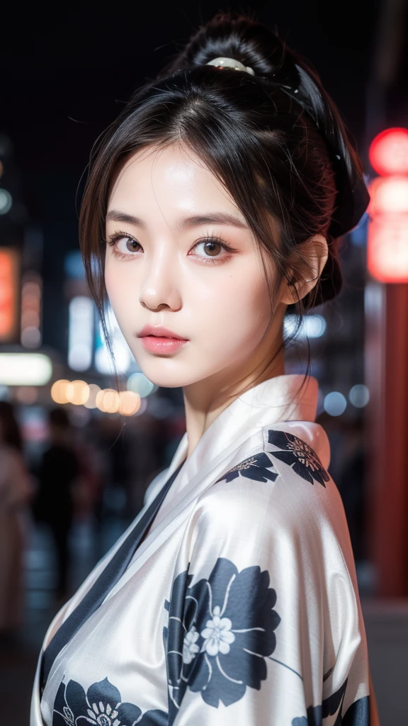 a traditional japanese woman wearing a silk kimono, cyberpunk style, neon lights, detailed face, detailed eyes, detailed lips, extremely detailed, 8k, high quality, masterpiece, photorealistic, (intricate background, detailed kimono patterns, katsushika hokusai,cinematic lighting)